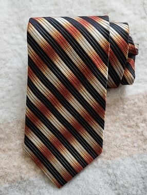 Bruno Piattelli Extra Long Silk Tie - Copper Black Tan Diagonal Stripes XL 100%